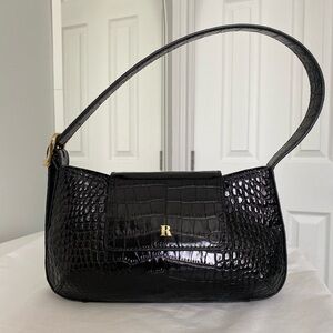 Rouje Black Croc-Embossed Shoulder Bag with Gold R Hardware